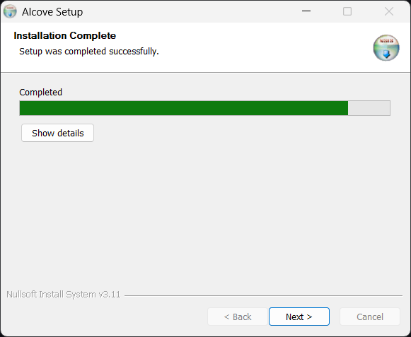 Alcove installer progress bar while installing